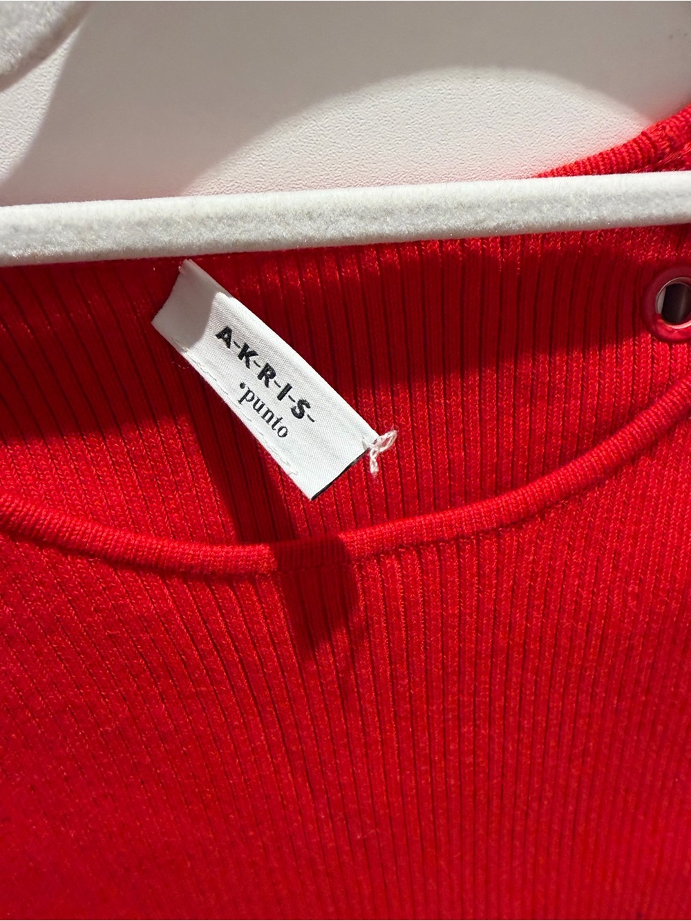 Akris Punto Red Short Sleeve Ribbed Top with Eyelet Accents - Picture 3 of 5